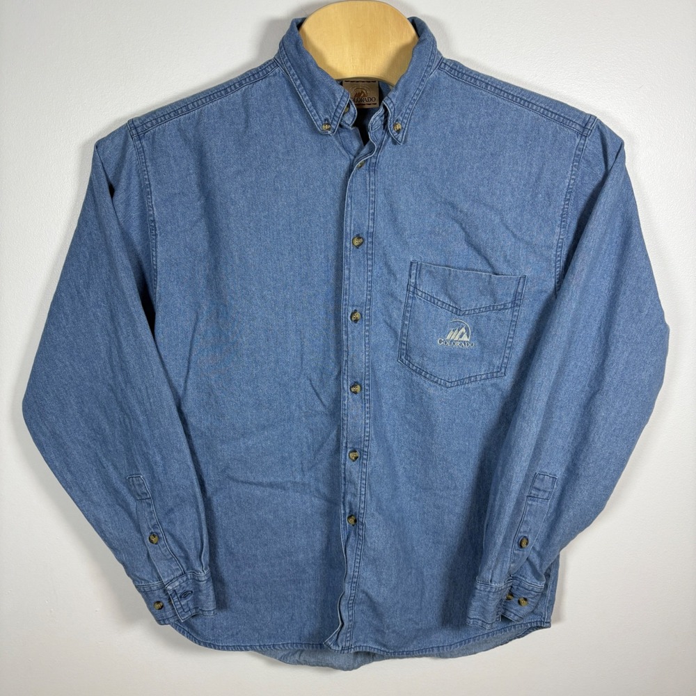 Vintage Colorado Mens Blue Denim Button Down Shirt Long Sleeve Mountain Large